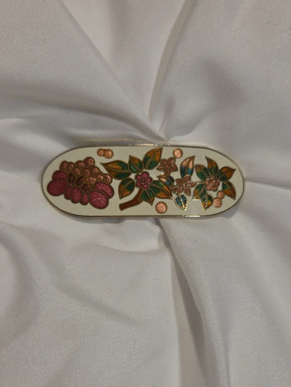 Floral Cloisonné Belt Buckle - White, Pink, Green